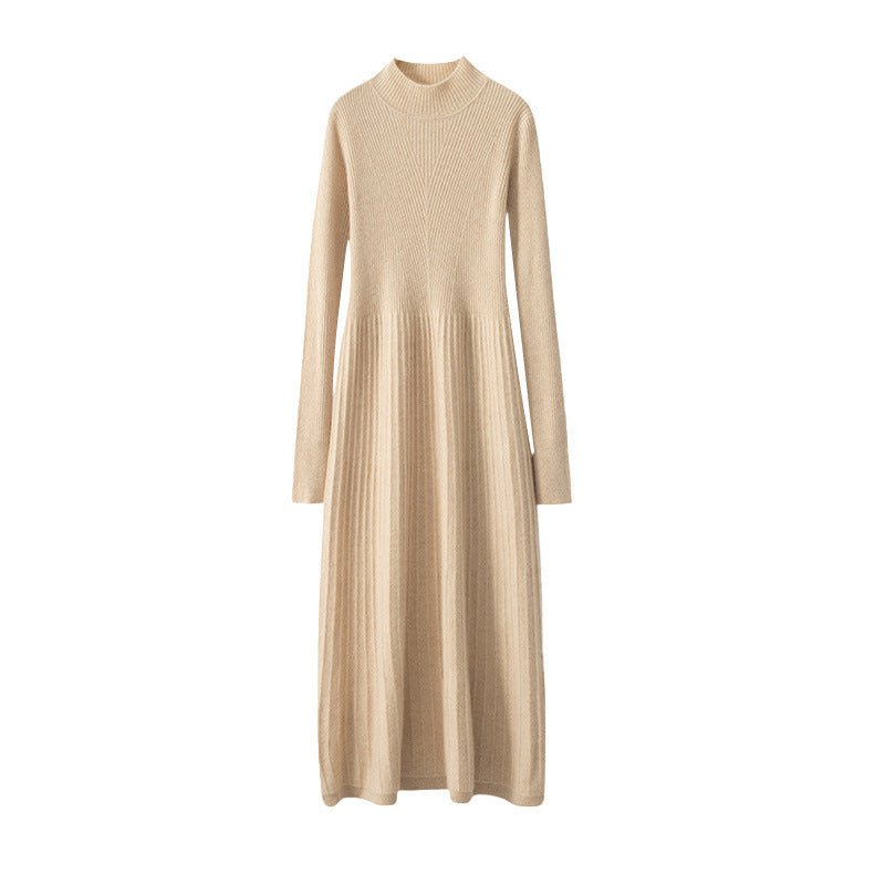 Ribbed Knit Cashmere Midi Dress Mock Neck Cashmere Dress for Women