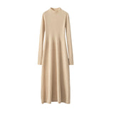 Ribbed Knit Cashmere Midi Dress Mock Neck Cashmere Dress for Women