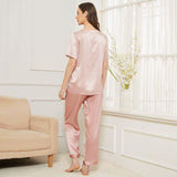 Short Sleeves Silk Pajama Set For Women Round Neck Button Tie Pullover Silk Pajamas - slipintosoft