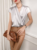 Womens Short Sleeves Wrap Silk Blouse Tops - slipintosoft