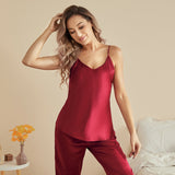 Classic V Neck Silk Camisole Pajama Set For Womens Sleeveless Silk Sleepwear - slipintosoft