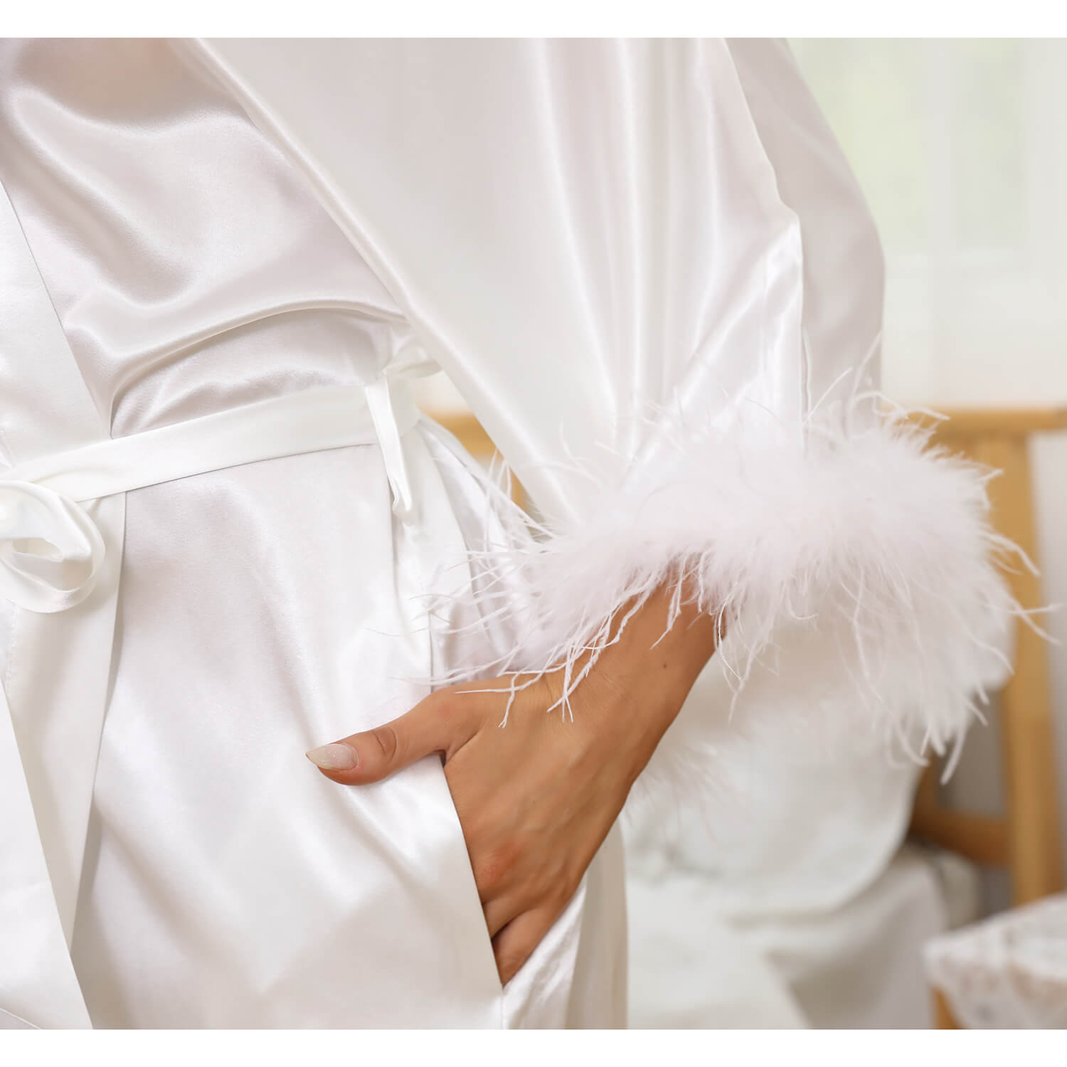 Silk Kimono Robe with Ostrich Feather Trim Long Silk Wedding Bridesmaid Robe - slipintosoft