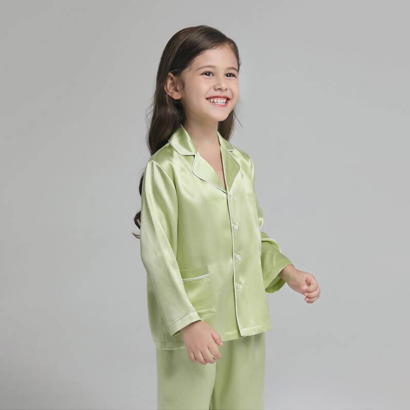 19 Momme Kid's Silk Pajamas Set Girls' Cute Long Sleeves Nighties with White Trimming -  slipintosoft