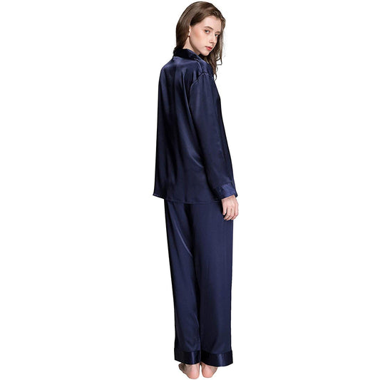 Womens Silk Pajama set Long Sleeve Button Down Silk Sleepwear Full Length Pajamas - slipintosoft