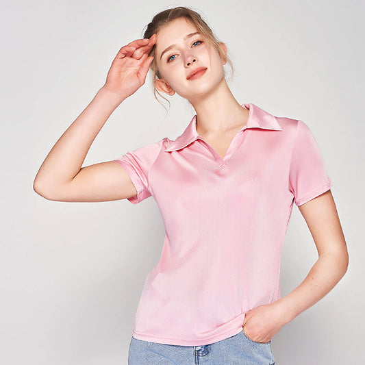 Silk short-sleeved T-shirt for women mulberry silk knitted V-shaped lapel top - slipintosoft