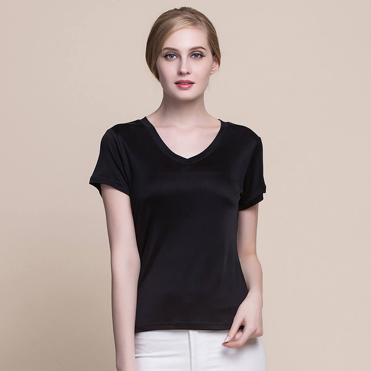 Silk v-neck short-sleeved t-shirt women's silk bottoming shirt women's top - slipintosoft