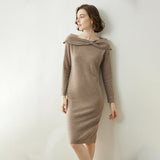 Womens Cashmere Dresses Bow Neck Cashmere Sheath Dress Slim Fit Holiday Party