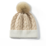 Warm Pure Cashmere Hat for Women Mixed Colors Cashmere Beanie with Fur Pom