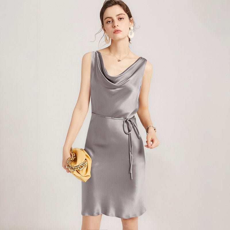 22 Momme Elegant Sleeveless Women's Silk Dress Cowl Neck Midi Silk Dress - slipintosoft