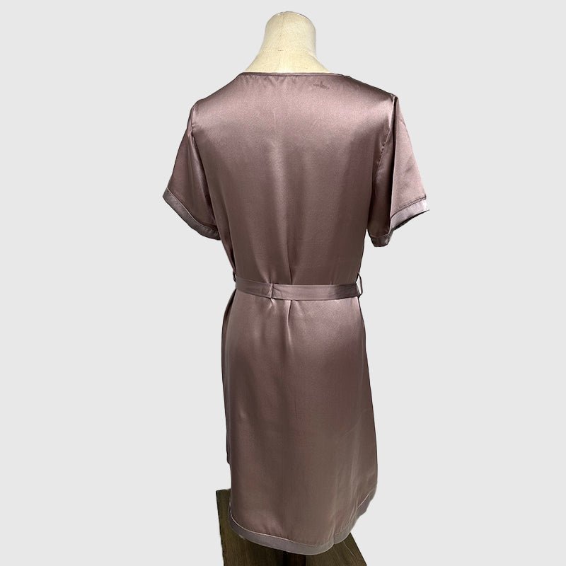 Soft Plum V-neck Short Sleeve Silk Lace Nightdress with Belt - slipintosoft