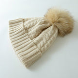 Solid Cashmere Chunky Knitted Hat with Fur Pom Womens Soft Cashmere Beanie for Winter Cashmere Hats