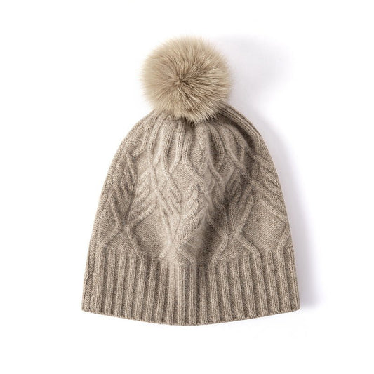 Cashmere Knitted Hat with Fur Pom Cashmere Beanie