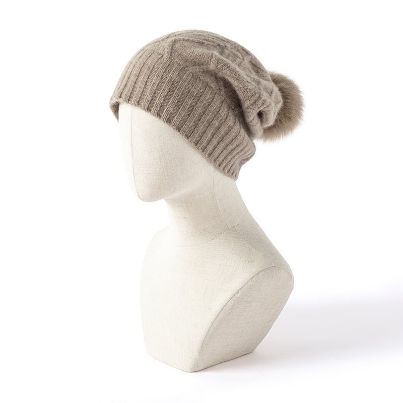 Solid Cashmere Knitted Hat with Fur Pom Cashmere Ear Muffs Warm Hats Cashmere Beanie Cashmere Hats