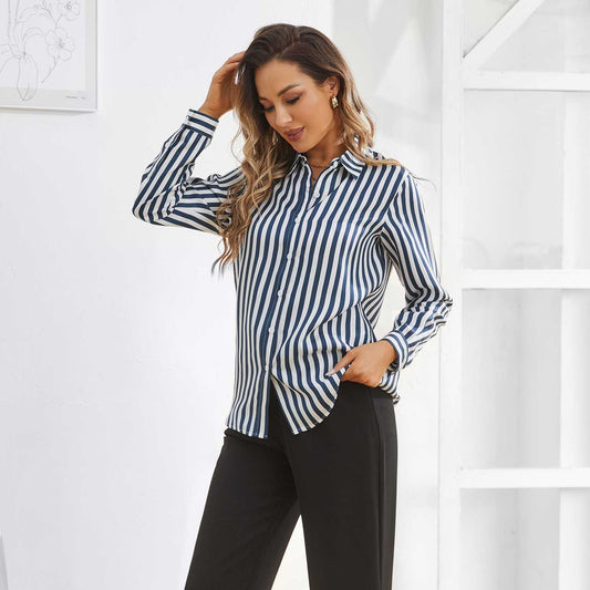 Women Stripe Silk Button Down Blouse Office Work Silk Shirts