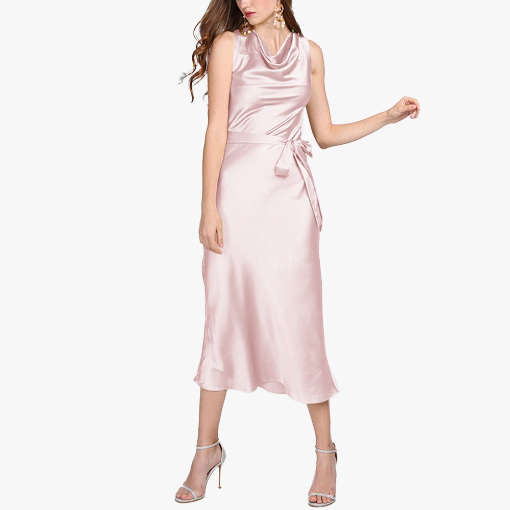 Summer Guest Party Silk Dress Sleeveless Cowl Neck Silk Dresses