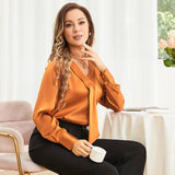 22 Momme V Neck & Ribbon Silk Blouse For Women Elegant Long Sleeves Silk Shirt - slipintosoft