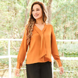 22 Momme V Neck & Ribbon Silk Blouse For Women Elegant Long Sleeves Silk Shirt - slipintosoft