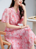 V Neck Silk Midi Dress with Waist Tie Floral Silk Wrap Dress for Women Pink XS