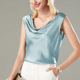 Versatile Ladies Silk Sleeveless Blouse 100% Mulberry Silk Cowl Collar Tops - slipintosoft