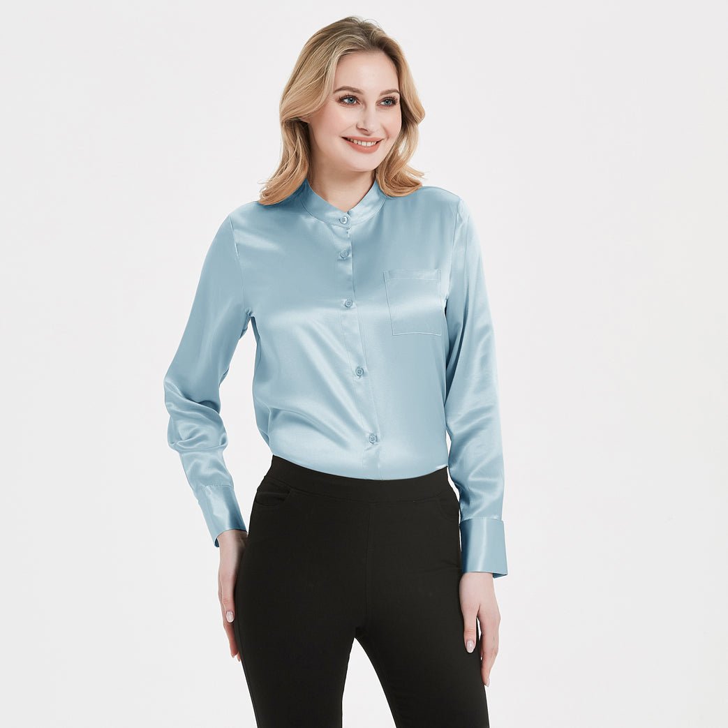 Women Band Collar Silk Blouse For Women 100% Pure Silk Blouse with Pocket - slipintosoft