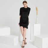 Women Black Silk Dresses Round Neck Short Sleeve 100% Mulberry Silk Dress - slipintosoft