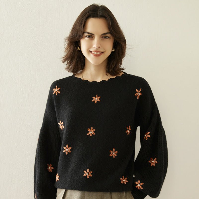 Women Crew Neck Cashmere Sweater Lantern Sleeve Embroidery Crochet Cashmere Tops Wool Cashmere Sweater