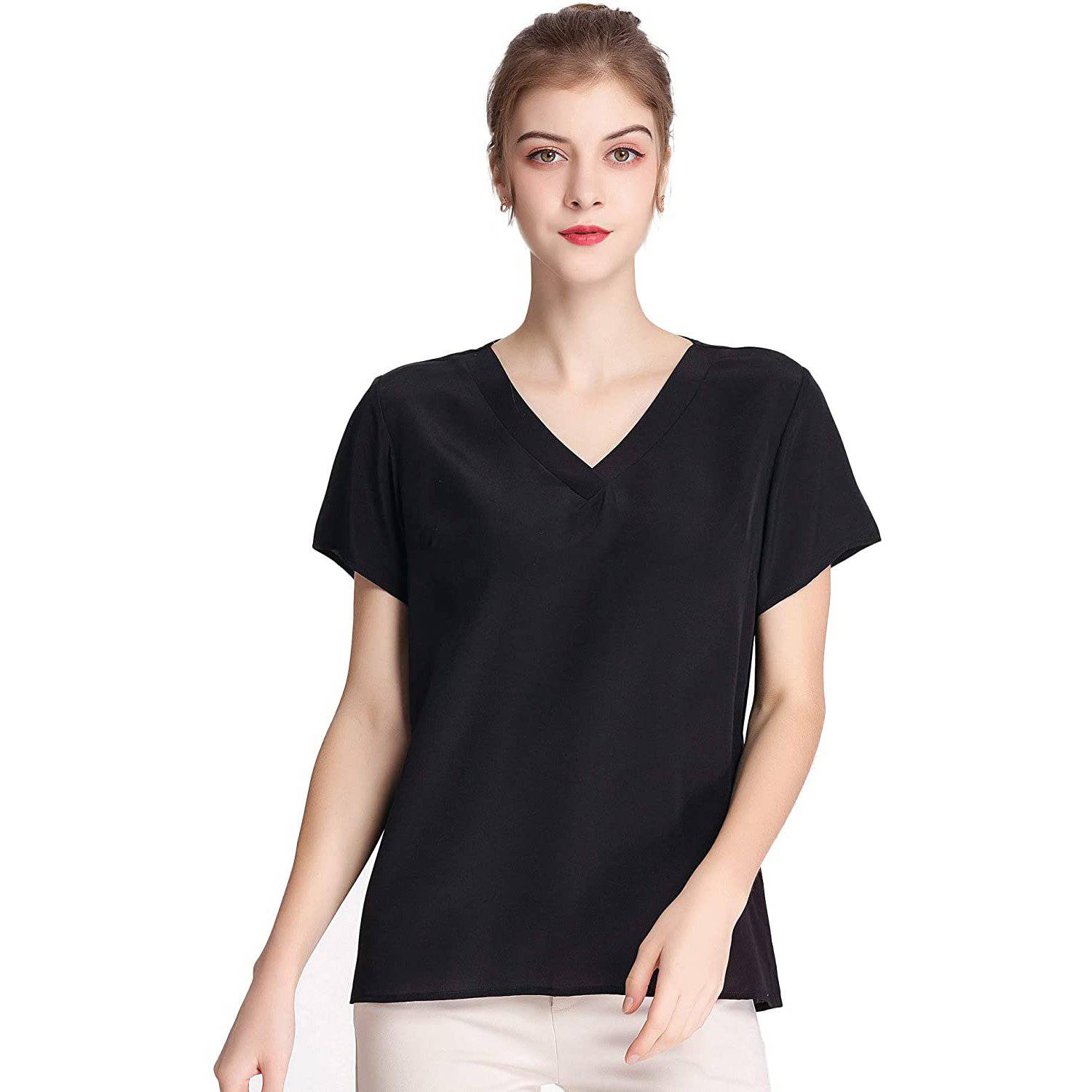 Women Mulberry Silk T-Shirt Short Sleeve V Neck Tank Ladies Silk Shirt - slipintosoft