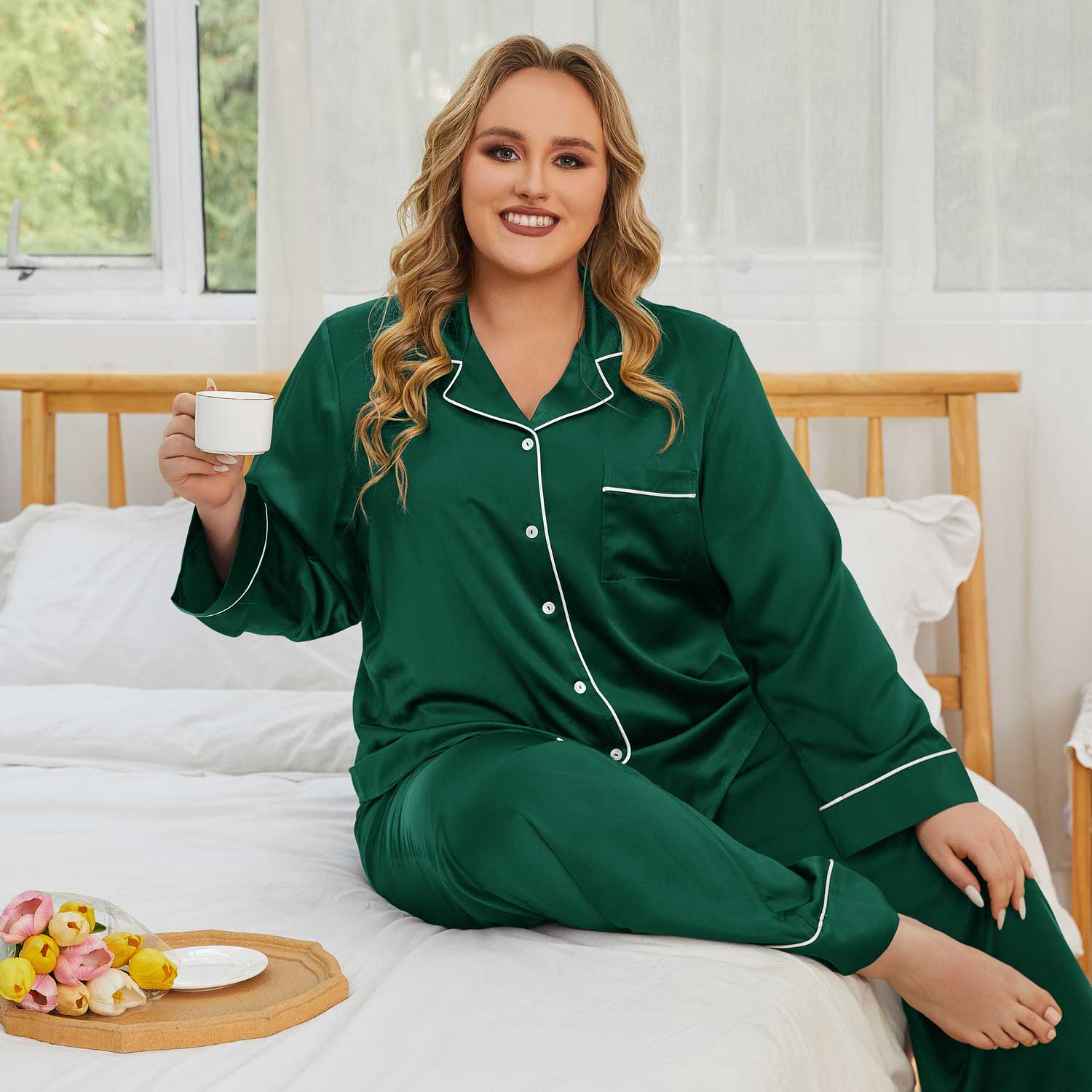 Plus Size Silk Pajamas for Women Long Plus Silk PJS Top Pajamas Set - slipintosoft