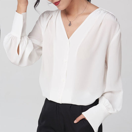 Women Silk Shirt 100% Mulberry Long Sleeves V Neck Work Silk Blouse