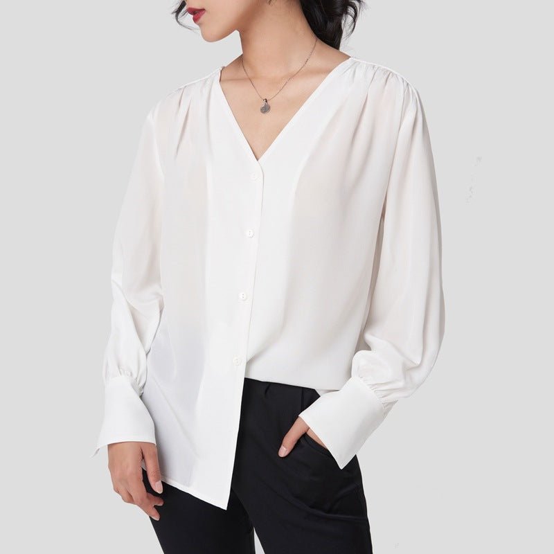 Women Silk Shirt 100% Mulberry Long Sleeves V Neck Work Silk Blouse