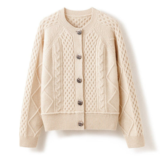 Womens Chunky Cable Knit Cashmere Cardigan With Oversized Buttons