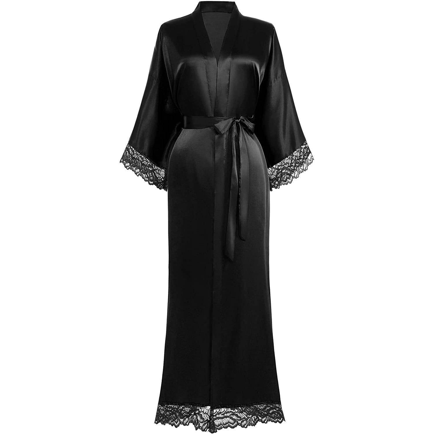 Women Silk Kimono Robe Long Bridesmaid Wedding Bath Robe with Lace Trim - slipintosoft