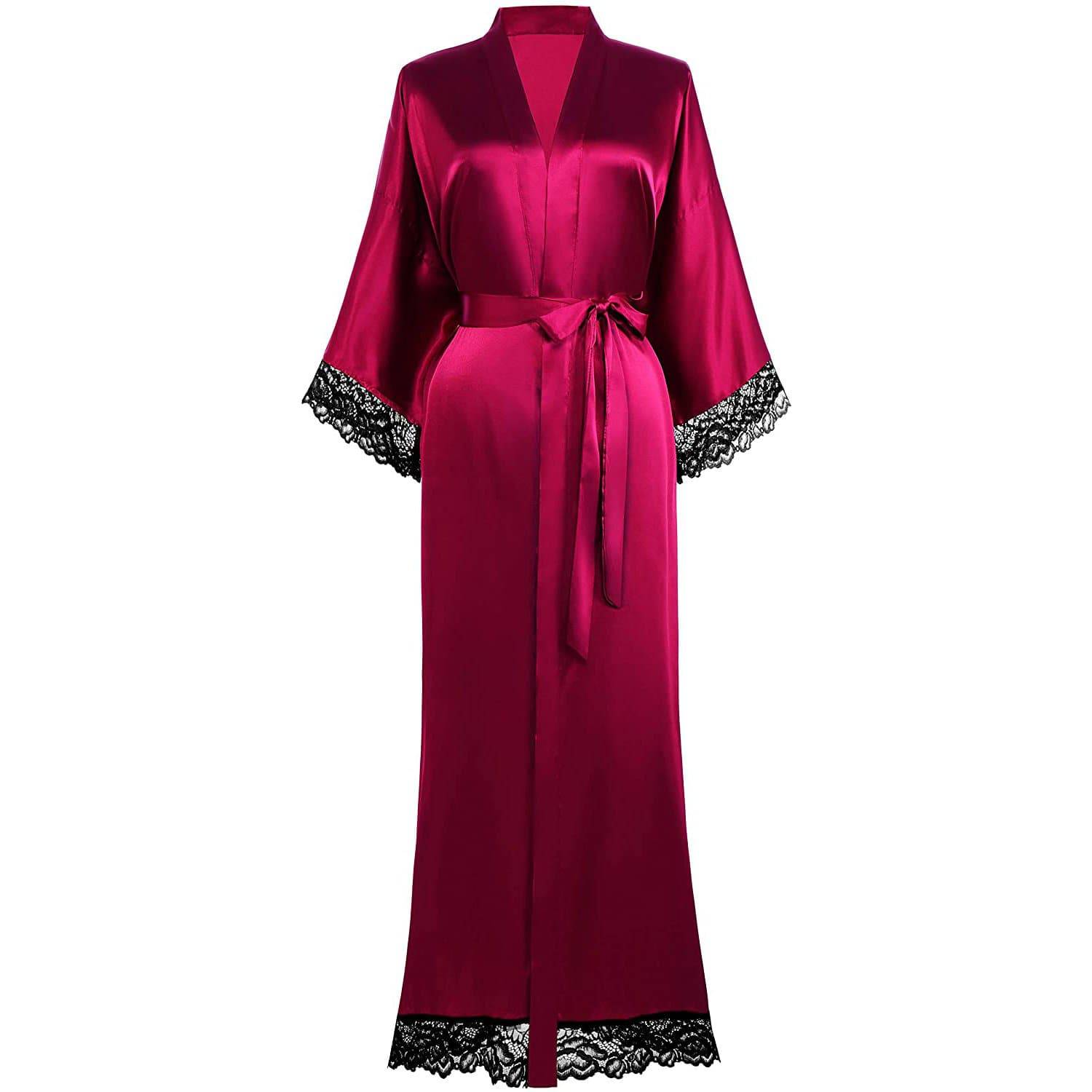 Women Silk Kimono Robe Long Bridesmaid Wedding Bath Robe with Lace Trim - slipintosoft