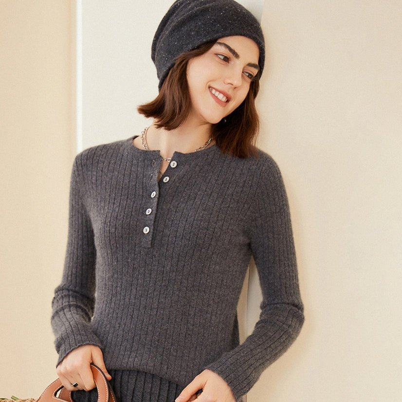 Women's 100% Ribbed Cashmere Crewneck & Button Sweater - slipintosoft