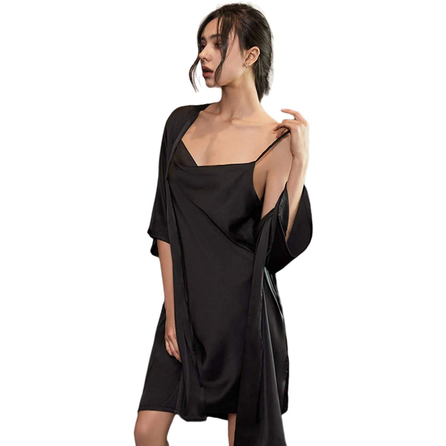 Women Two Pieces Silk Nightgown Robe Set - slipintosoft