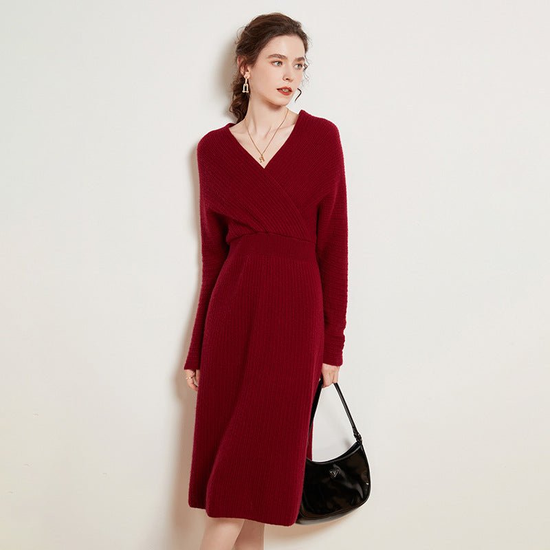 Womens Cashmere Ribbed Knit Wrap Dress Long Sleeve V Neck Midi Dresses