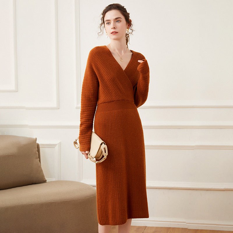 Womens Cashmere Ribbed Knit Wrap Dress Long Sleeve V Neck Midi Dresses