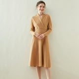 Women's A Line Cashmere Wrap Dress Tea Length Solid Cashmere Sweater Dresses Women Cashmere Dress