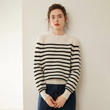 Womens Black and White Striped Crew Neck Cashmere Sweater Ivory XS