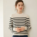Womens Black and White Striped Crew Neck Cashmere Sweater Ivory XS