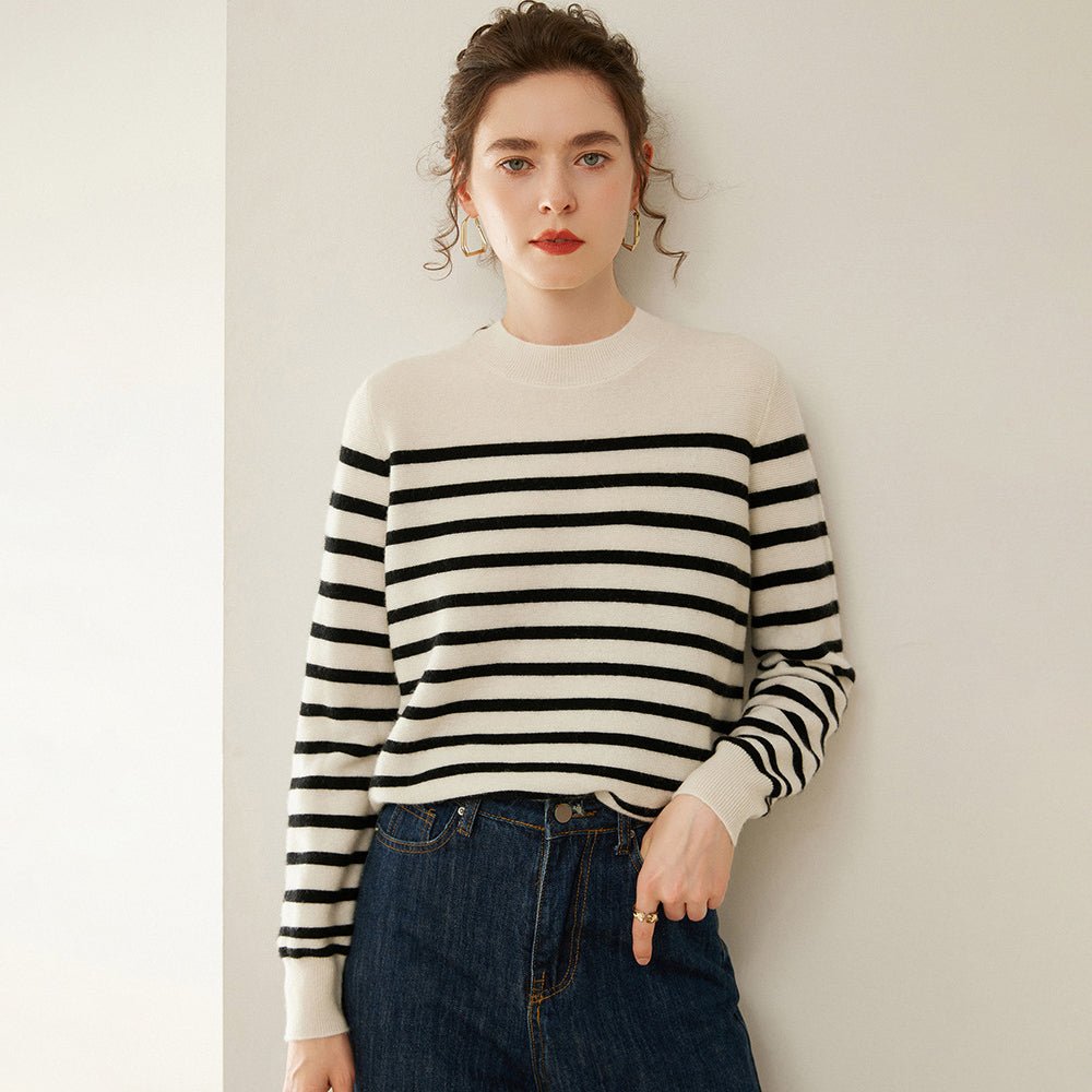 Womens Black and White Striped Crew Neck Cashmere Sweater Ivory XS