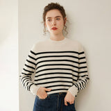 Womens Black and White Striped Crew Neck Cashmere Sweater Ivory XS