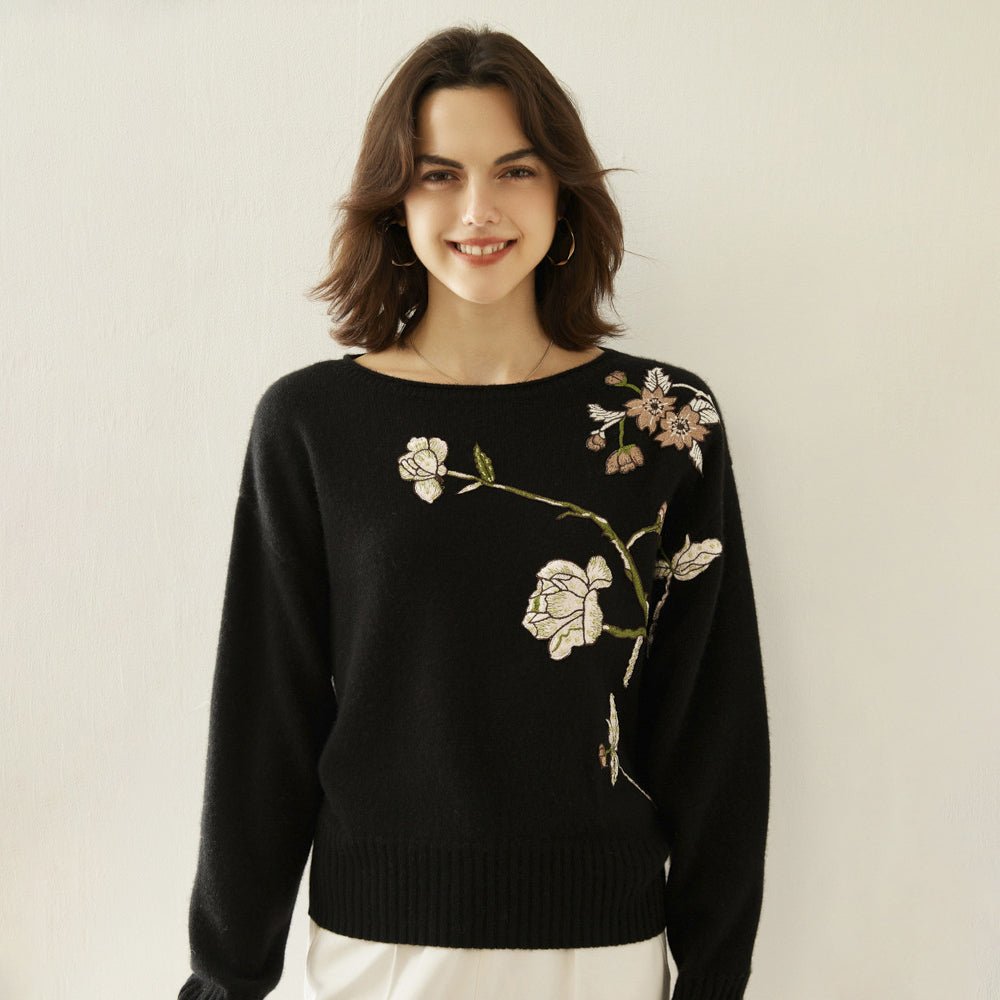 Womens Boat Neck Cashmere Sweater Embroidery Flowers Cashmere Pullover Wool Cashmere Sweater