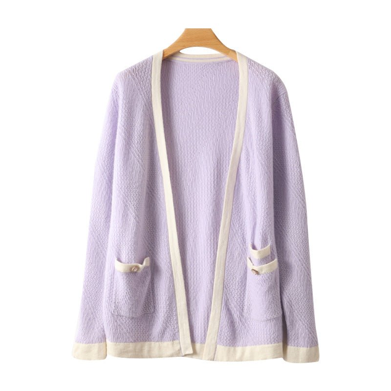 Women's Cable-Knit 100% Cashmere Long Sleeves Colorblock Cardigan - slipintosoft