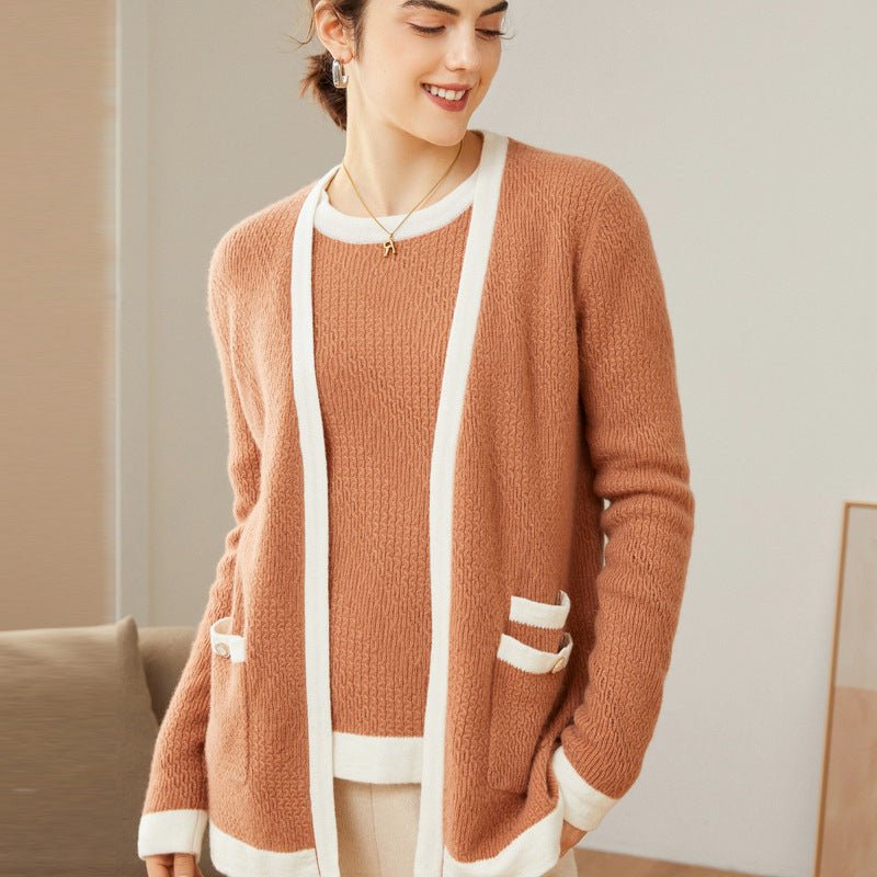 Women's Cable-Knit 100% Cashmere Long Sleeves Colorblock Cardigan - slipintosoft