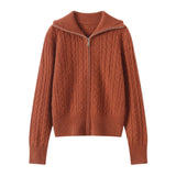 Womens Cable Knit Cashmere Cardigan Collared Full Zip Cashmere Sweater Jacket Brown XS