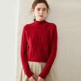 Womens Cable Knit Cashmere Sweater Mock Neck Cashmere Pullover Ribbed Trim Claret XS
