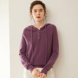 Womens Cashmere Hoodie Sweater Button Neck Cashmere Knit Pullover Purple XS