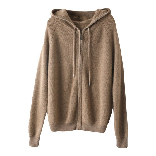 Womens Cashmere Zip - Up Hoodie Drawstring Knitted Cashmere Cardigan