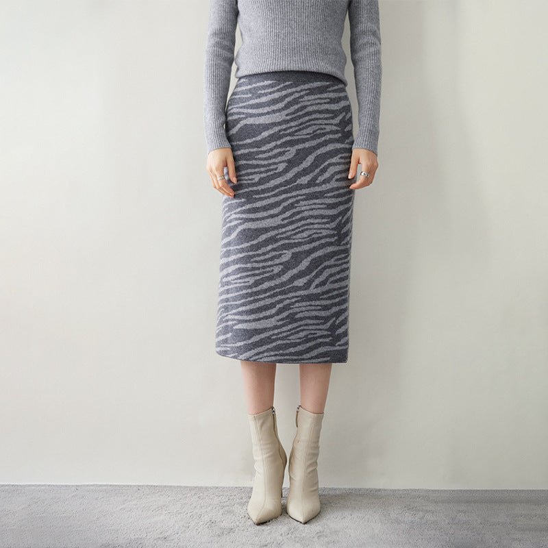 Womens Cashmere Knit Midi Skirt High Waist Zebra Stripe Print Dress